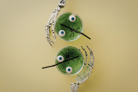 Spooky halloween cocktails with green liquid and eyeballs being held by skeleton hands on a vibrant green background.の写真素材