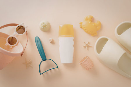 Summer beach essentials including sunscreen lotion, sunglasses, and accessories neatly arranged on a soft pastel orange background with seashells and starfish.の写真素材