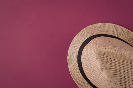 Elegant straw hat adorned with a black ribbon lies against a vibrant pink background, exuding a...