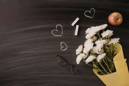 Teacher appreciation gifts including white flowers an apple glasses and chalk hearts are arranged thoughtfully on a dark textured chalkboard background symbolizing gratitude.の写真素材