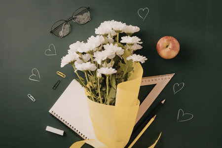 Thoughtful teacher appreciation items including a beautiful bouquet of white flowers, classic school supplies, an apple, and glasses are neatly arranged on a green chalkboard, symbolizing gratitude and learning.の写真素材