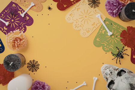 Colorful Dia de los Muertos and Halloween decorations, including a skull, spiders, candles, bones,...