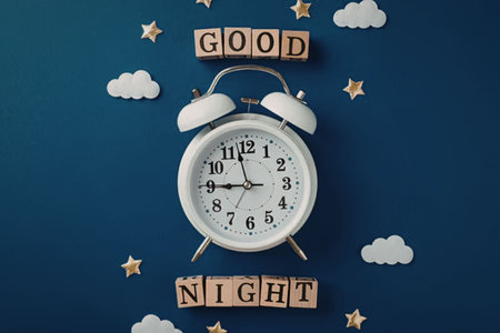 White alarm clock with bells on blue background surrounded by fluffy clouds and stars, accompanied...