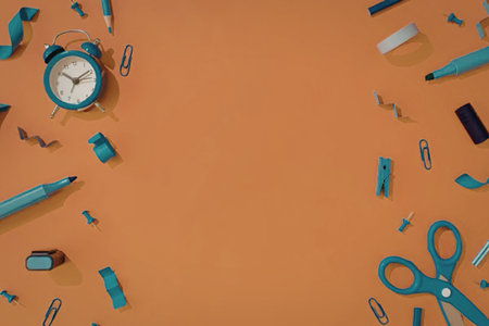 Blue office and school supplies are neatly arranged around the edges of a vibrant orange background...