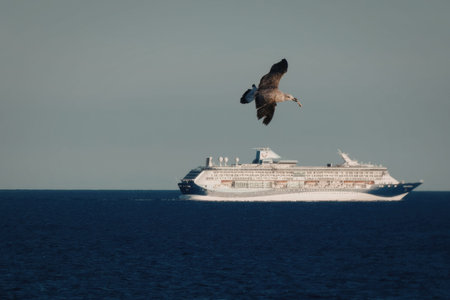 A bird flying above a big cruise ship on the blue ocean water under a clear sky.