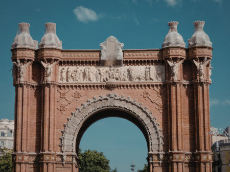 A detailed view of an old archway with statues and carvings under a clear blue sky.