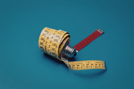 A yellow measuring tape with black numbers and a red tab on a bright blue surface.