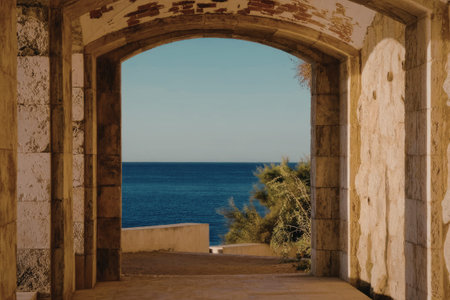 A scenic view through a stone archway showing the ocean, sky, and trees outside.