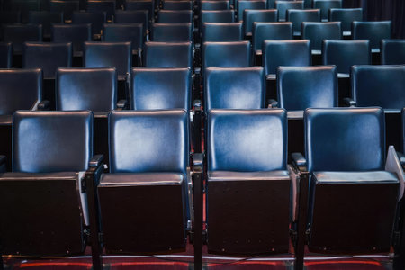 Photo of rows of empty blue and black stadium seats in a sports arena setting.
