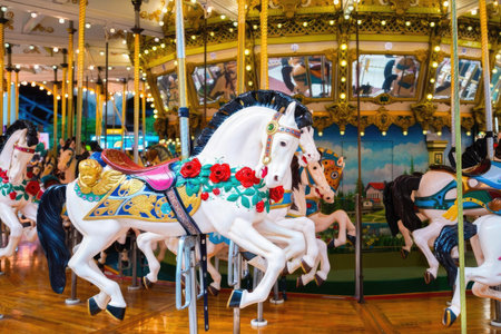 Children enjoy riding colorful carousel horses at a fun amusement park with bright lights