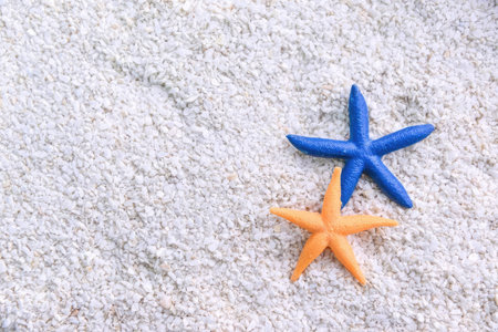 Two vibrant starfish, one blue and one orange, lie on sandy beach surface.