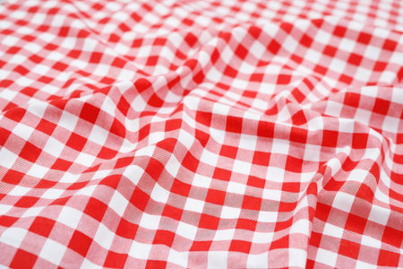 A detailed close-up of red and white checkered fabric with folds and texture.