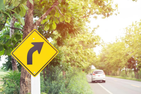 A road sign showing a left turn on a street lined with trees and a car driving by.