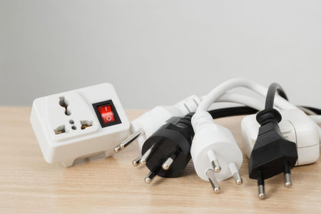 A collection of electrical plugs and power strip on a wooden table, ready for use.