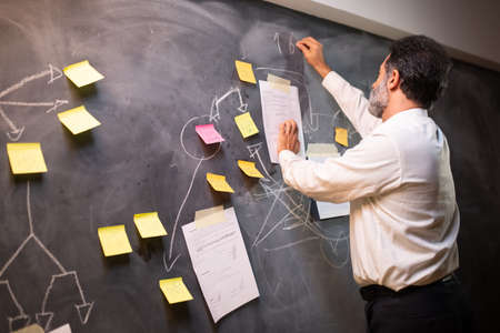 Engrossed businessman thinking over new project. Man in shirt standing near blackboard with writings and paper notes on it. Business, job, late night work conceptの写真素材