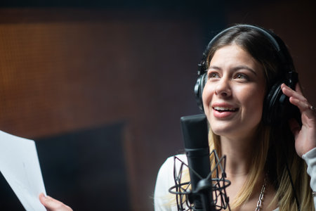 Young happy female singer or radio host working in studio. Portrait of Caucasian woman sitting in headphones at microphone. Creating music conceptの写真素材