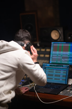 Rear view of sound engineer sitting in headphones and looking at laptop. Young man working in sound recording studio. Creating music conceptの写真素材