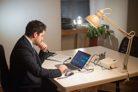Side view of young bearded man working. Man in suit sitting at table and using laptop with charts on screen. Business, job, occupation, late night work conceptの写真素材