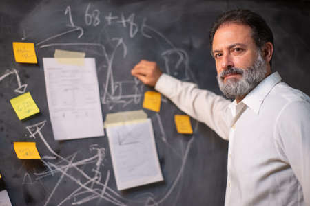 Portrait of bearded businessman at office. Man in shirt looking at camera, blackboard with writings and paper notes on it in background. Business, job, late night work conceptの写真素材