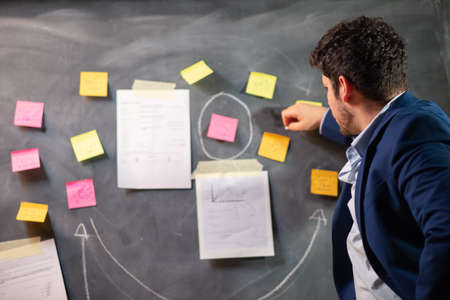 Businessman thinking over new project. Man in suit standing near blackboard with writings and paper notes on it. Business, job, work conceptの写真素材