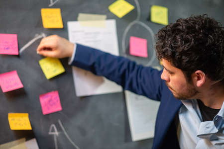Concentrated businessman thinking over new project. Man in suit standing near blackboard with writings and paper notes on it. Business, job, work conceptの写真素材