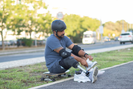 Person with disability tying laces in park. Man with mechanical leg getting ready for training,...
