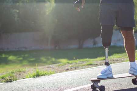 Close-up of man riding longboard in daylight. Caucasian man with disability training in park, working out. Sport, disability conceptの写真素材
