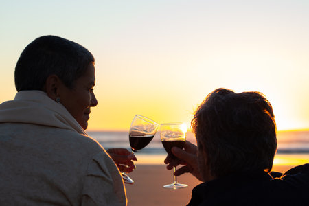 Senior couple drinking red wine while having picnic on beach at sunset. Back closeup view of...