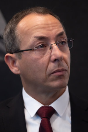Portrait of leader talking of financial forecast. Serious and confident man discussing with...