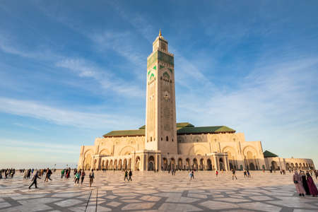 Casablanca, Morocco - December 14, 2019: Architectural details of Mosque Hassan II at sunsetのeditorial素材