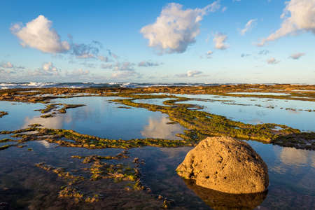 Rocky coastline landscape view at low tide with puddles reflecting sunny sky and clouds, Moroccoの写真素材