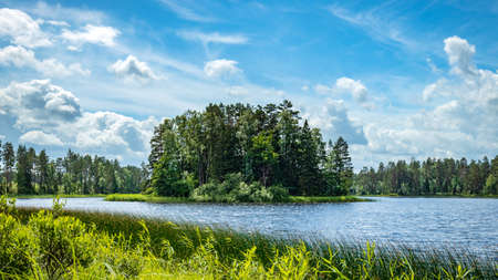 Landscape with lake and island with small forest, Swedenの写真素材
