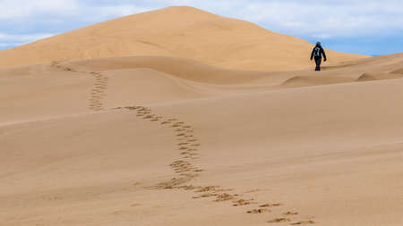 Silhouette of a woman walking away on a huge sand dune, Dune du Pilat, Franceの写真素材