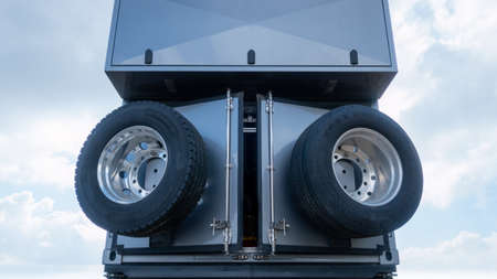 Neeltje Jans, Netherlands - April 28, 2019: heavy duty off road camper truck with spare wheels on...