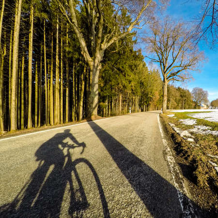 Sunny winter forest road landscape with cyclist shadow on tarmacの写真素材