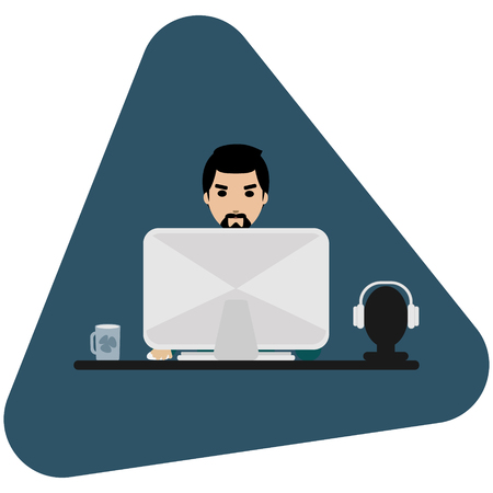 Cartoon illustration of a man working at his computer.のイラスト素材