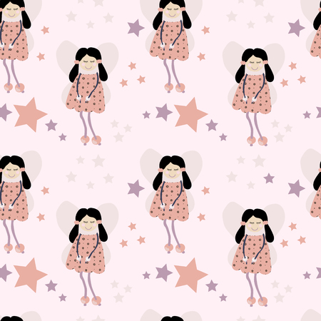 Seamless vector pattern with angel girl and starsのイラスト素材