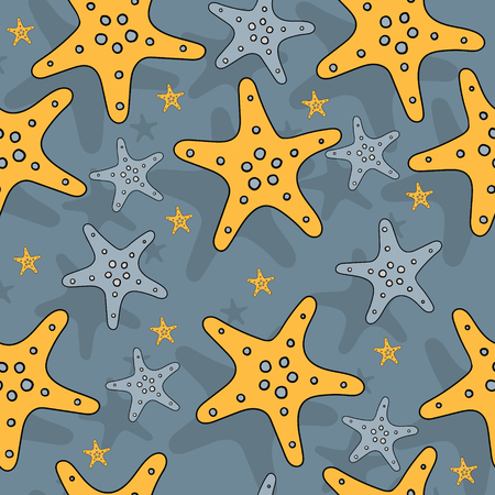 Orange gold starfish seamless pattern on a blue background.のイラスト素材