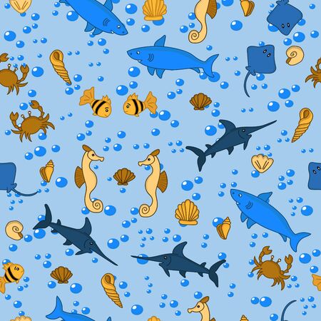 Shark, swordfish, stingray, seahorse, fish, and seashell with water bubbles seamless backgroundのイラスト素材