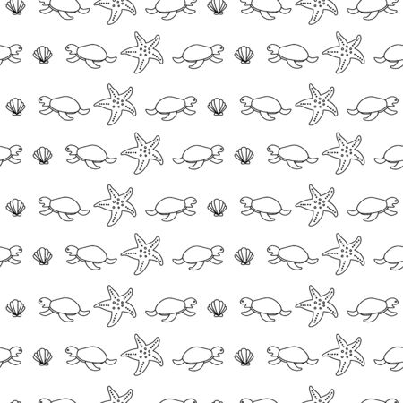 Turtles starfish and seashell outline illustration vector seamless patternのイラスト素材