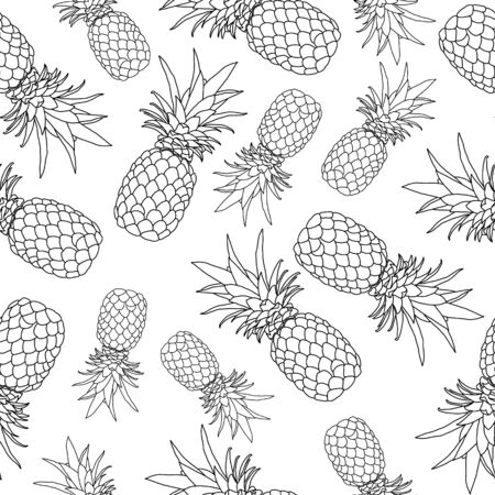 Hand-drawn black line pineapple seamless pattern. Isolated.のイラスト素材