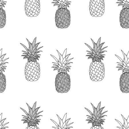 Hand-drawn black line pineapple seamless pattern. Isolated.のイラスト素材