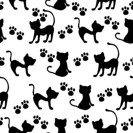 Hand-drawn black cats and paws vector seamless patternのイラスト素材
