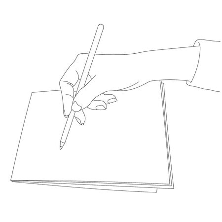 Title: Hand holding a pencil over paper. Black line drawing isolated on white.のイラスト素材