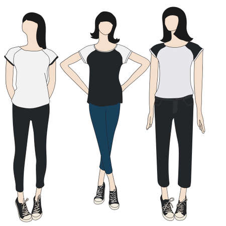 Girls mannequin wearing skinny jeans and t-shirts flat illustrationのイラスト素材