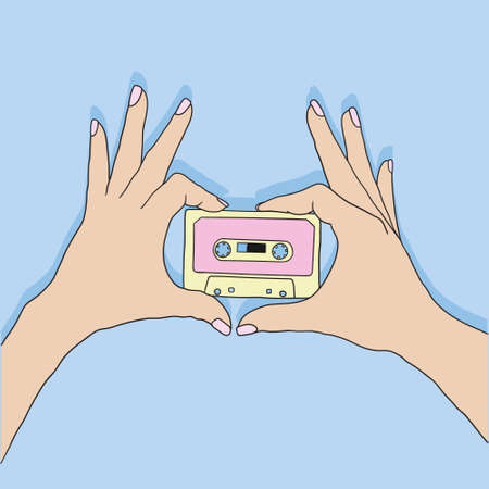 Hands holding cassette tape vector illustrationのイラスト素材