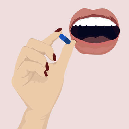 Taking pill. Mouth and hand, holding blue capsule, vector illustrationのイラスト素材