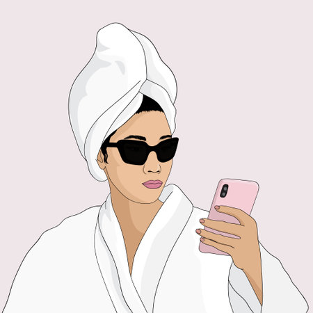 A girl in a bathrobe with a towel on her hair and sunglasses, holding a phone vector illustrationのイラスト素材