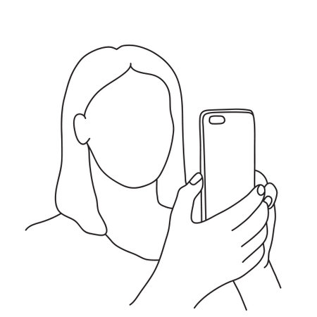 Woman holding the phone. Line art vector drawing.のイラスト素材