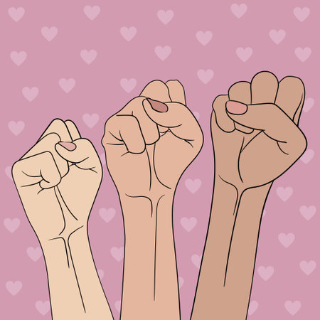 Raised women's fists on pink background with heartsのイラスト素材